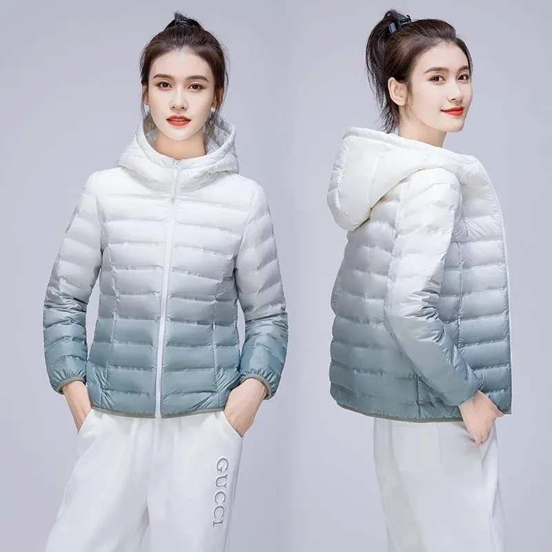 White Eiderfrivolous Light Down Jacket 2024 Winter Women\'s Warm Fashion, Gradient Explosion Ultra-light Hooded Short Coat Women.