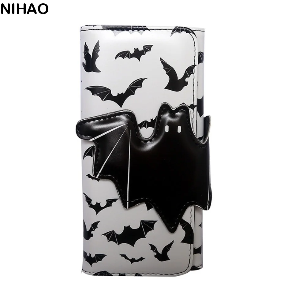 Multi-Functional Bat Ghost Print Wallet Long Strap Buckle Design Foldable Coin Purse Portable Large Capacity