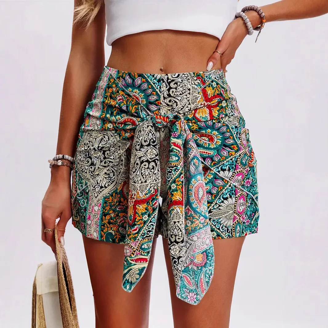 Vacation Style Woman Shorts 2025 Summer Trendy Latest Casual Vintage Boho Tribal Floral Printed High Waist Wide Leg Ladies Pants