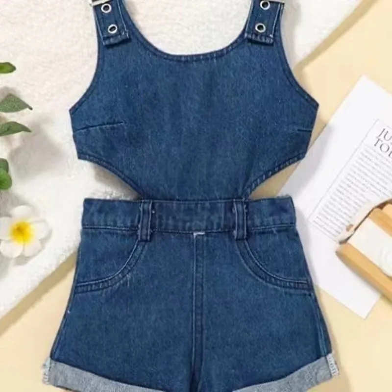 2024 Kids Girls Clothes Set Jumpsuits Summer Denim Short Triple Breasted Outfits Baby Clothing 4 5 6 7 Year