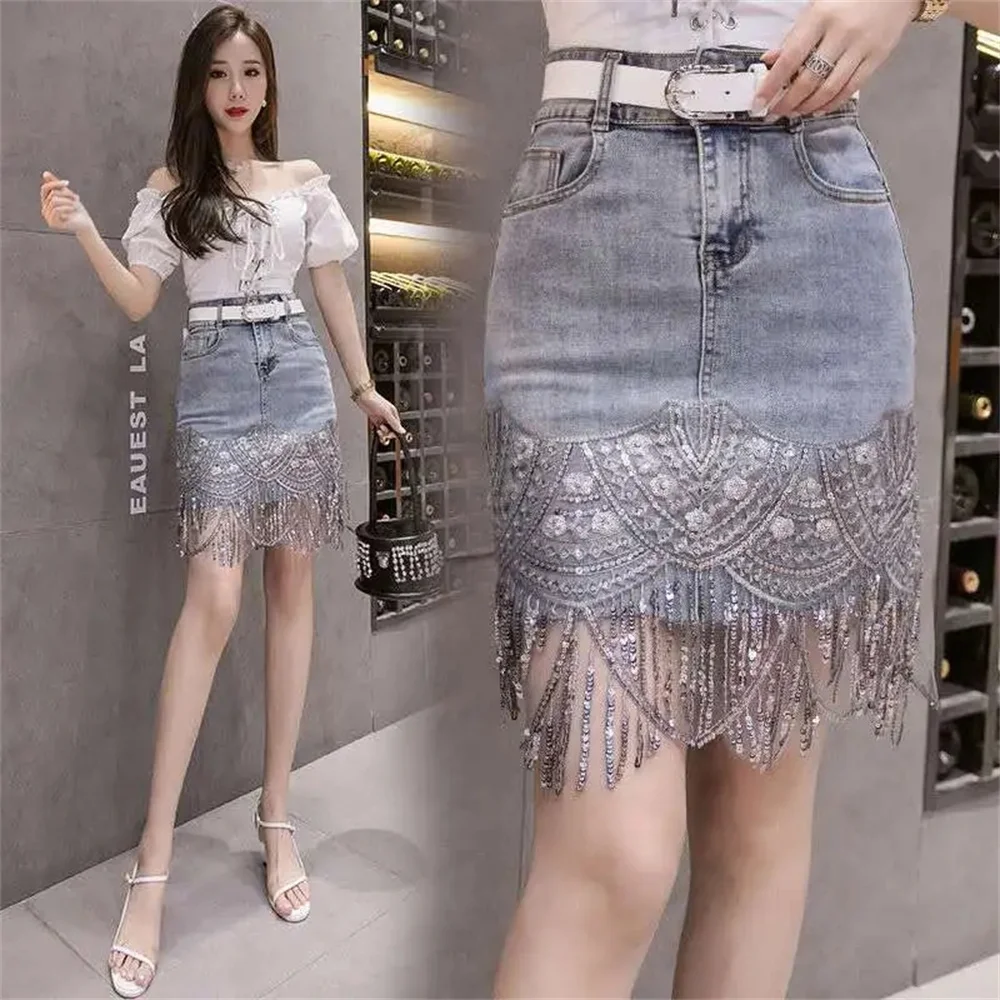 

"Send a belt" Fringed Sequined Denim Skirt High Waist Loose Skirt Spring and Summer new High Waist Elastic Slim Bag Hip Skirt