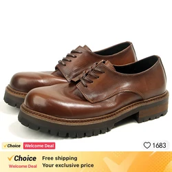 Men's Italian Retro Leather Derby Shoes Hand-Painted Round-Toe Business Casual Dress Shoes Old Tooling