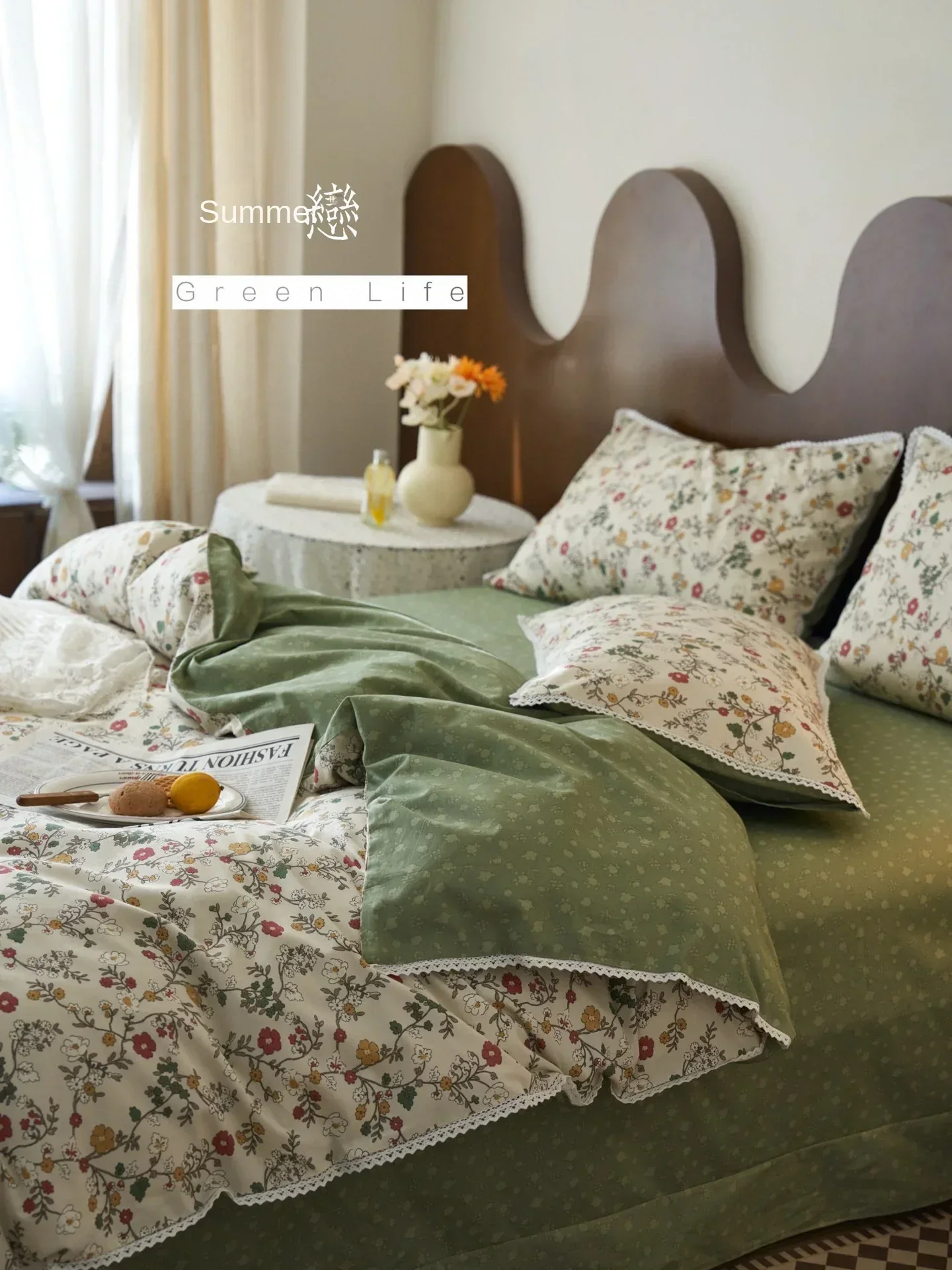 

Four piece set of cotton retro floral garden pure cotton lace double bed bedding, quilt cover, bed sheet
