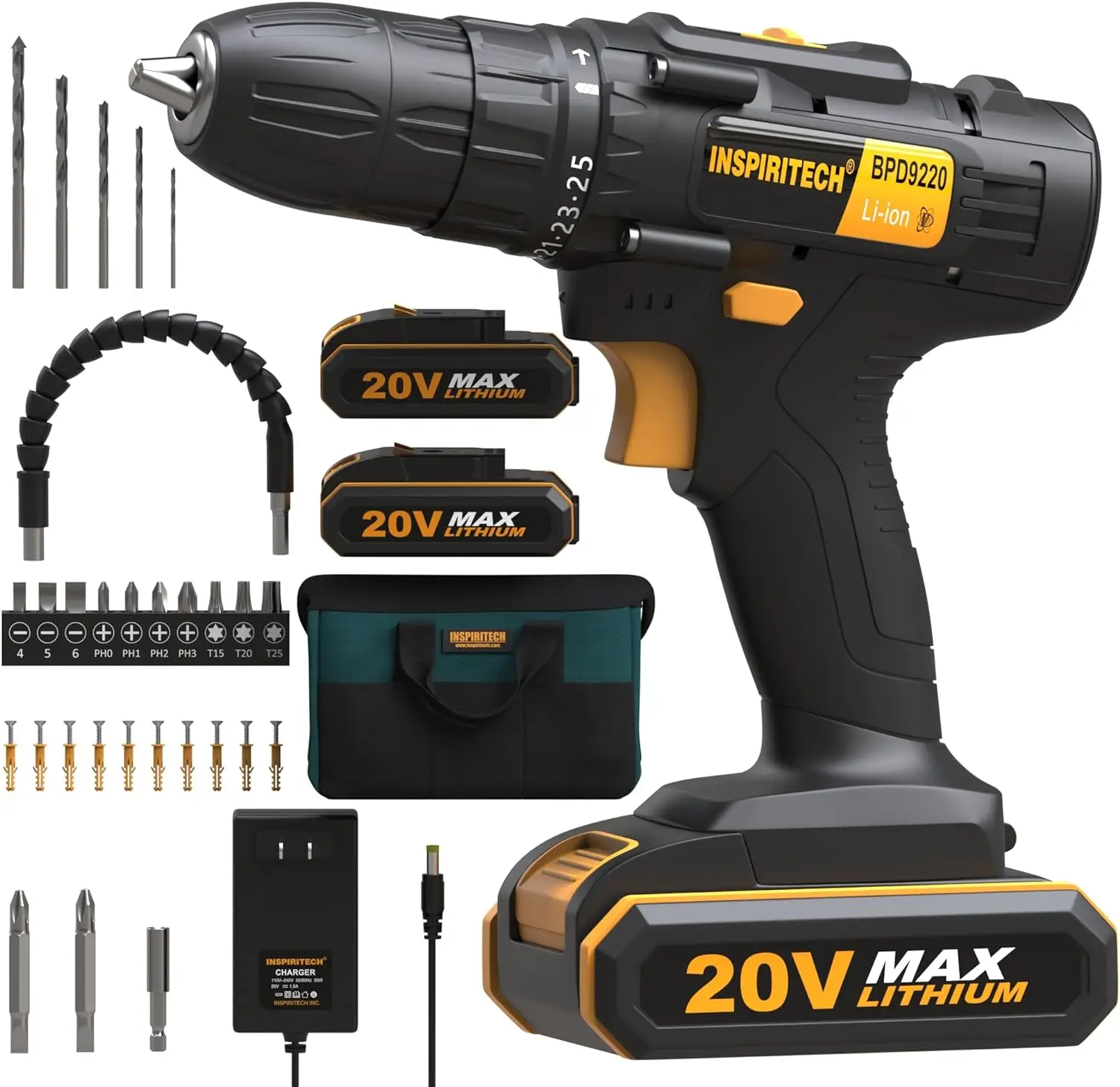 20V Cordless Drill, Power Drill Set with 2 Batteries and Charger,3/8-Inch Chuck Electric Drill Kit with 24-Torque Setting