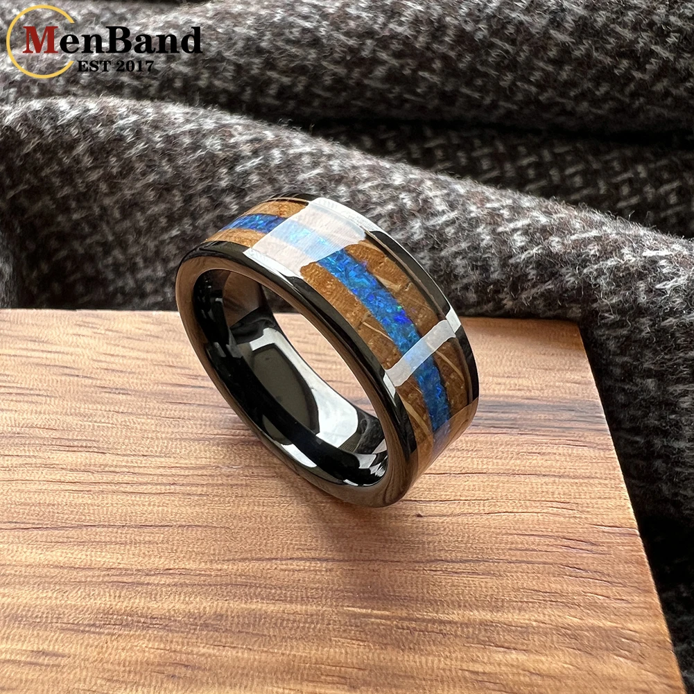 MenBand 8mm Blue Opal Whisky Barrel Wood Inlay Gold Tungsten Ring for Men Women Fasion Wedding Band Comfort Fit