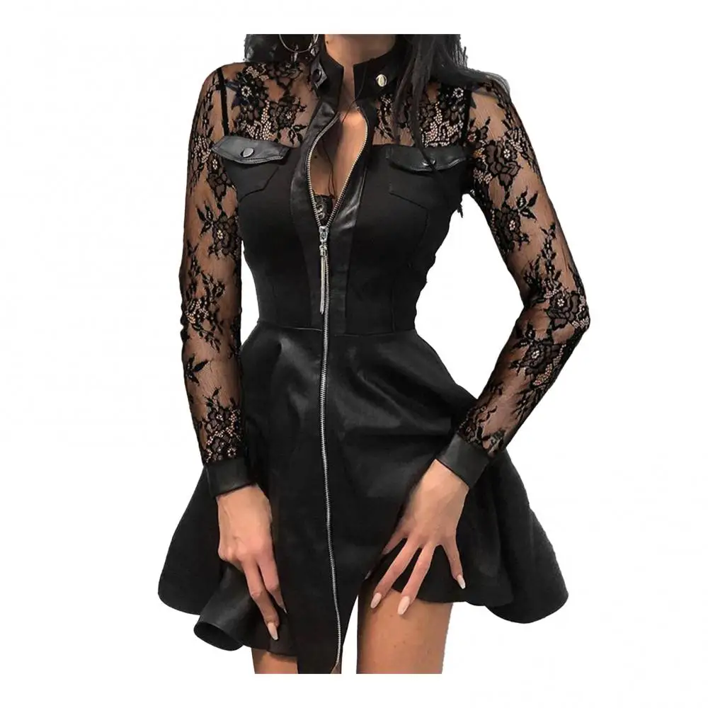 Fashion Women Lace Long Sleeve Zipper Pocket Large Hem Faux Leather Mini Dress