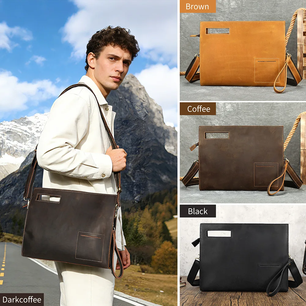 Men's Crazy Horse Genuine Leather Crossbody Bag, Shoulder Bag with High-End Sense, Hand Clutch