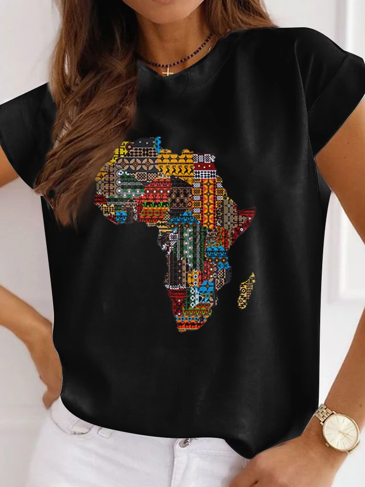 Autumn Summer Black Tee Top Print African Funny Summer Ladies Clothes Casual Short Sleeve Tshirt T Shirt O-neck Loose