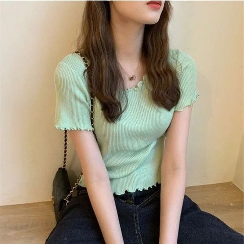 T-shirts Women Summer Lovely Korean Preppy Style Basic Edible Tree Fungus Sweet Girl Solid Tops Thin Knitted Short Sleeve Skinny