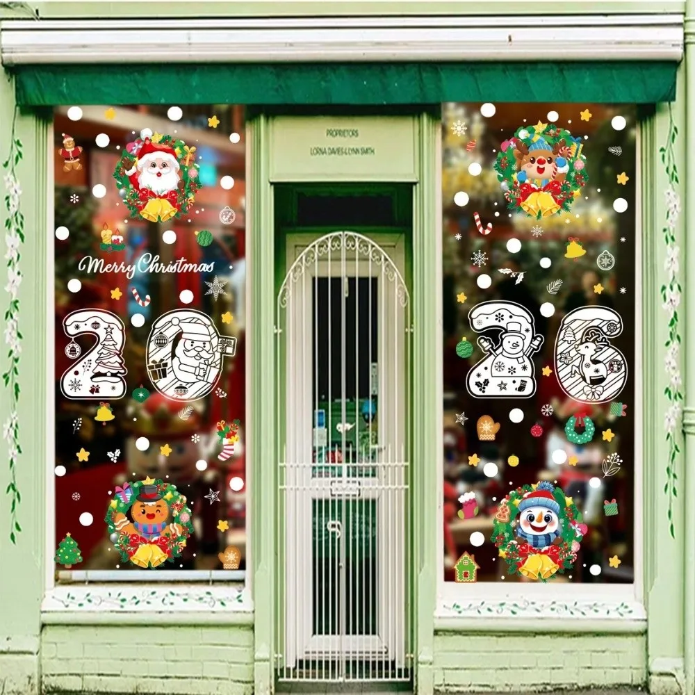 2026 Christmas Window Sticker Elk Snowman Design Santa Claus Pattern Electrostatic Glass Sticker Merry Christmas Theme