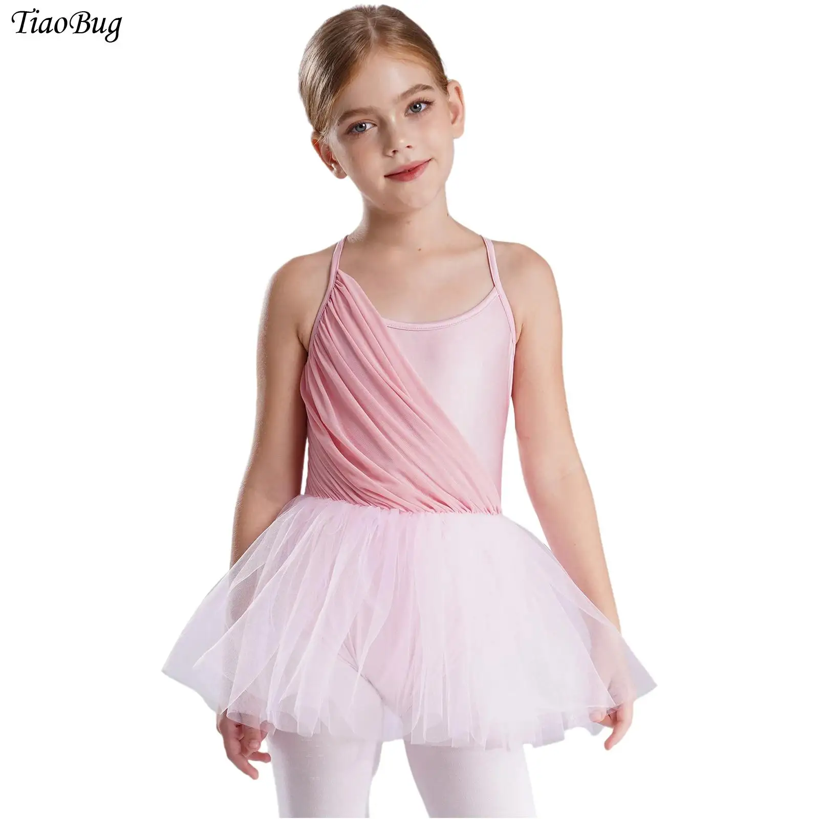 

Ballerina Fairy Prom Party Costume Kids Girls Ballet Leotard Tutu Dress Sleeveless Ruched Mesh Patchwork Dance Performance Dress