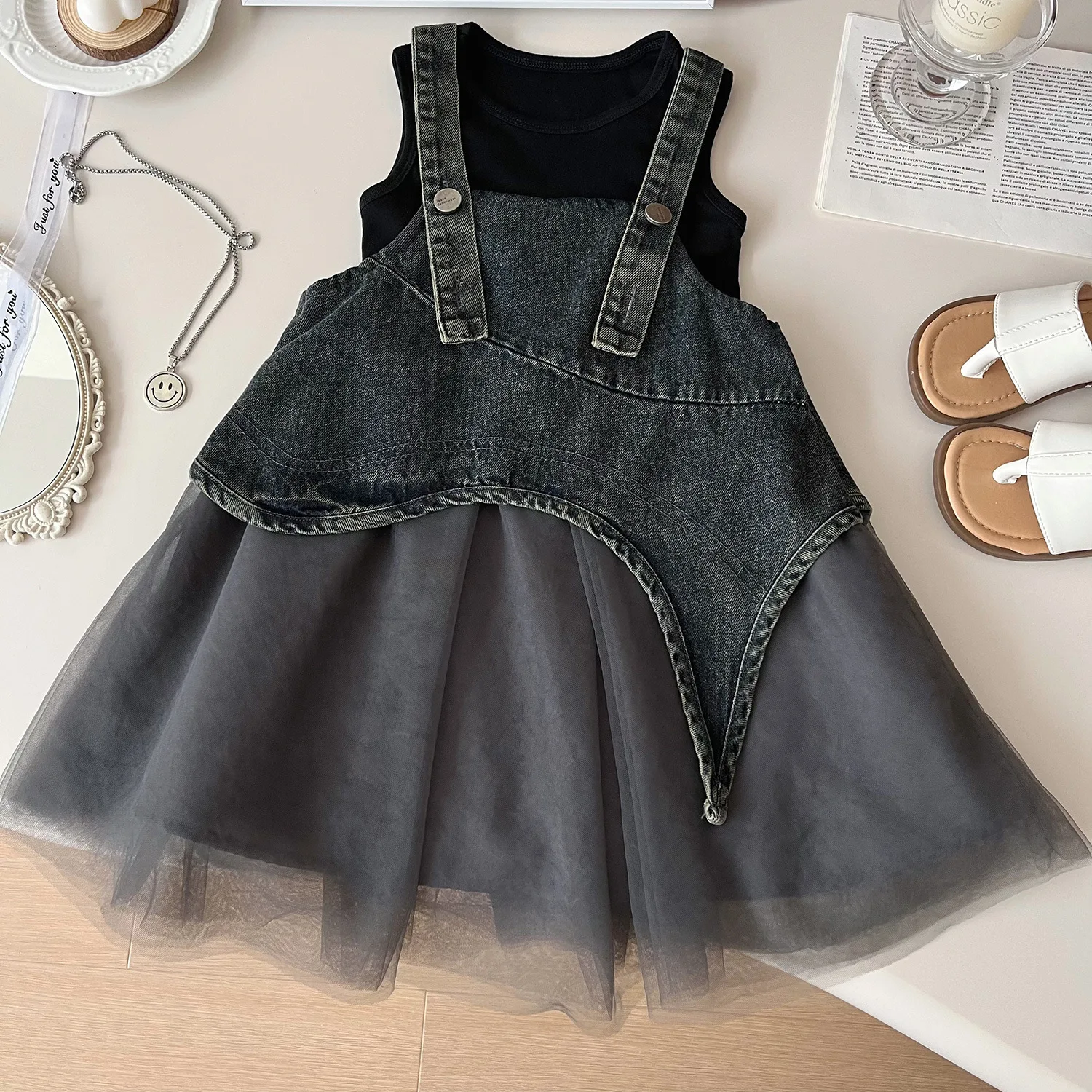 

Girls' Suit 2025 Summer New Korean Version Denim Mesh Dress + Vest Princess Two-piece Set