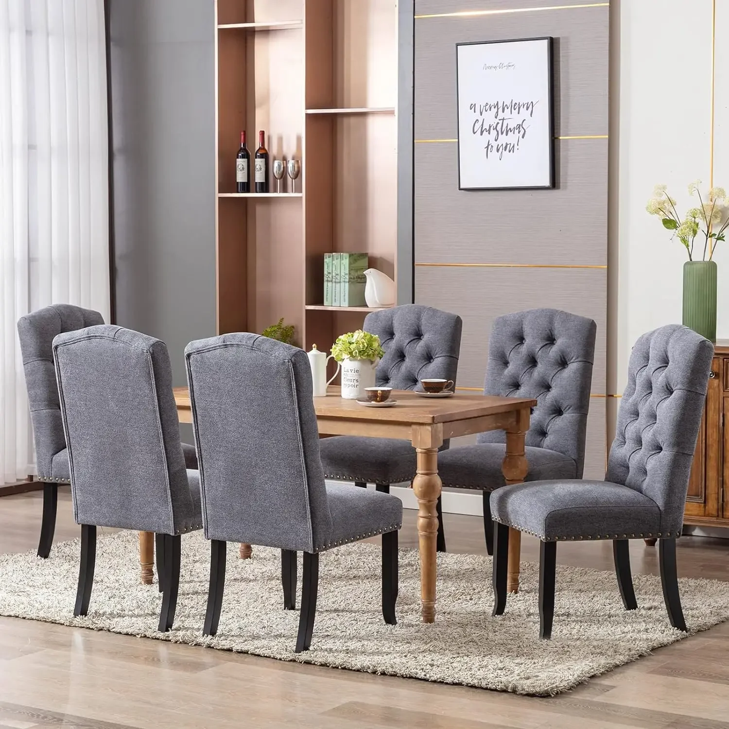 Button Tufted Dining Chairs Set of 2,Upholstered Dining Room Chairs,Fabric Kitchen Side Chair with Nailhead Trim and Wood Legs