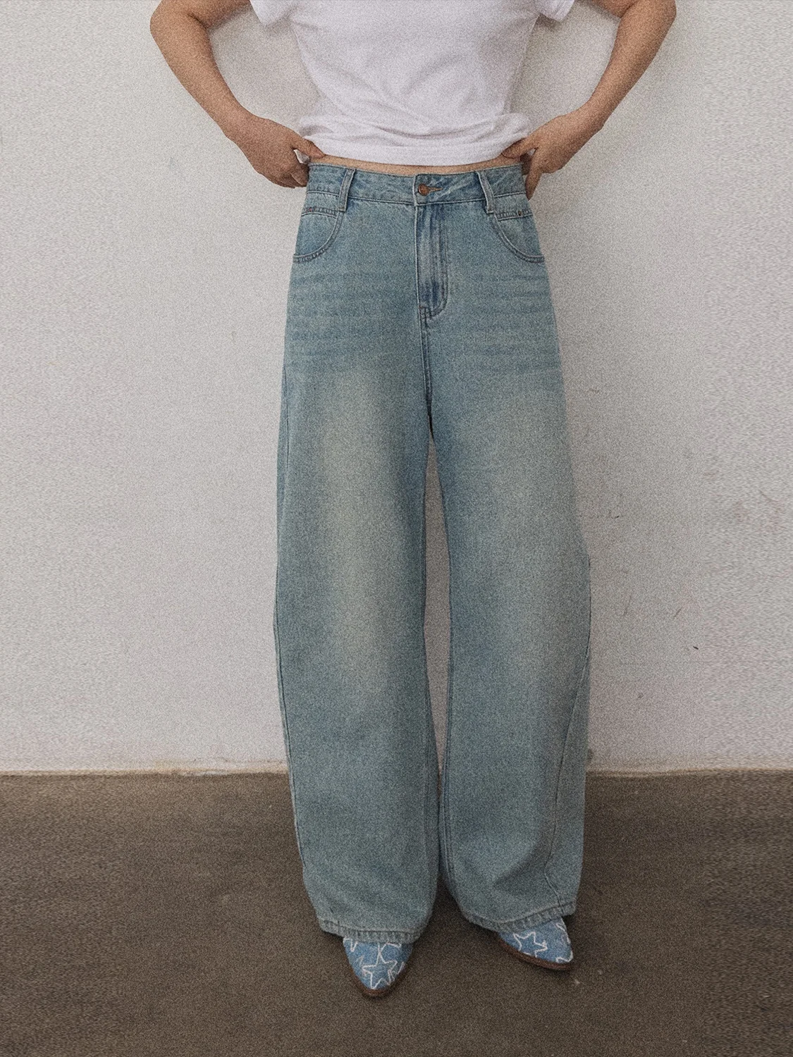 

Washed Casual American Retro High Waist Straight Leg Jeans plus Size Curvy Knife Fashionable JINGU Special Mix Denim Pants