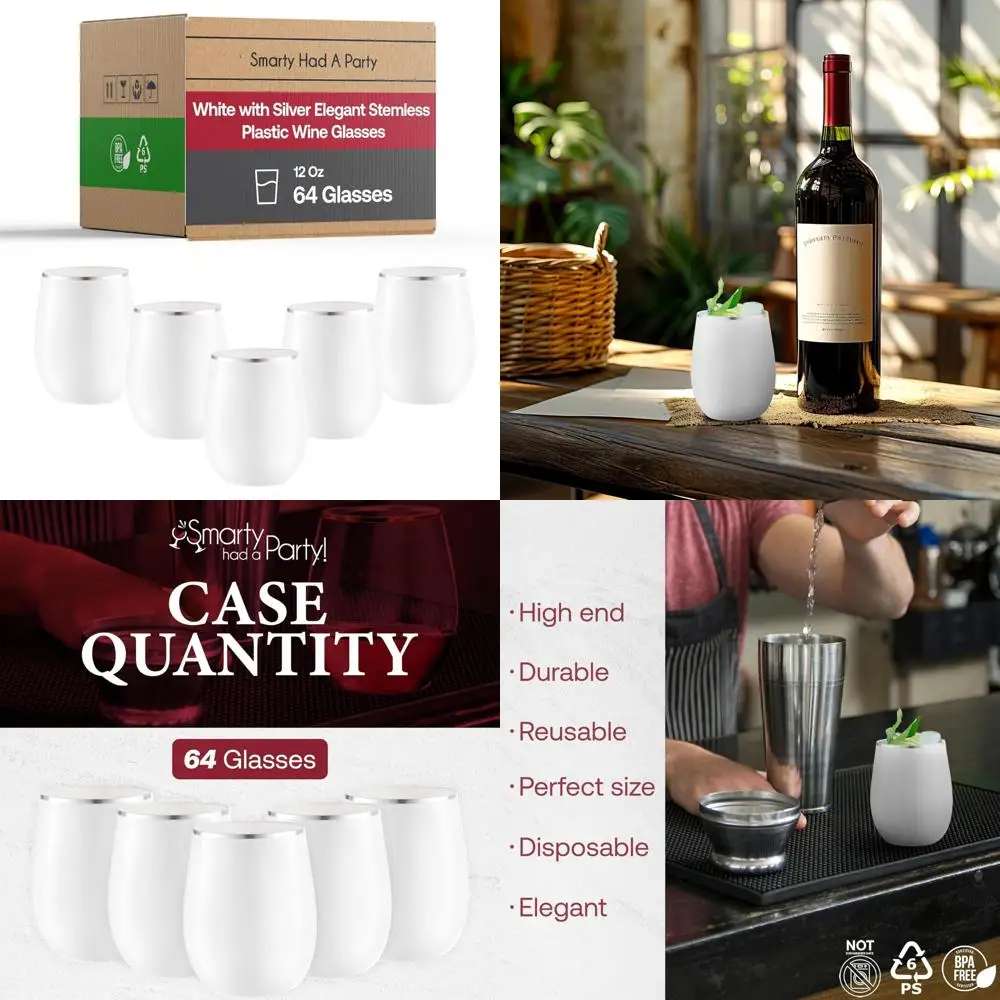

Elegant Disposable 12 oz Stemless Plastic Wine Glasses for Parties, Silver Accents, White Drinkware