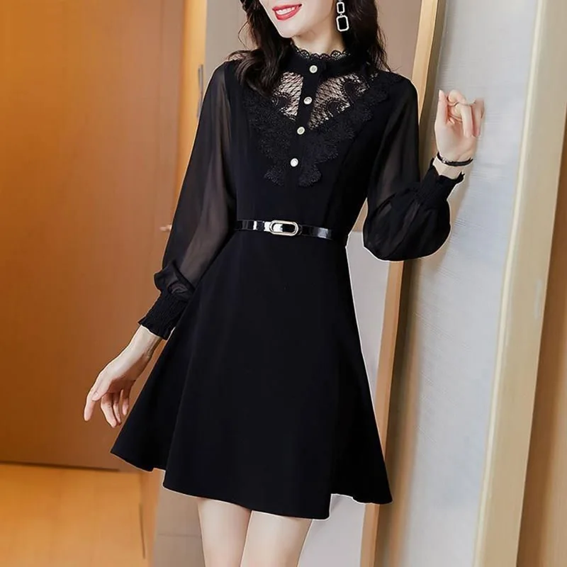 

Elegant Ruffles Button Spliced Hollow Out Lace Mini Dress Women's Clothing 2023 Autumn New Oversized Office Lady Princess Dress