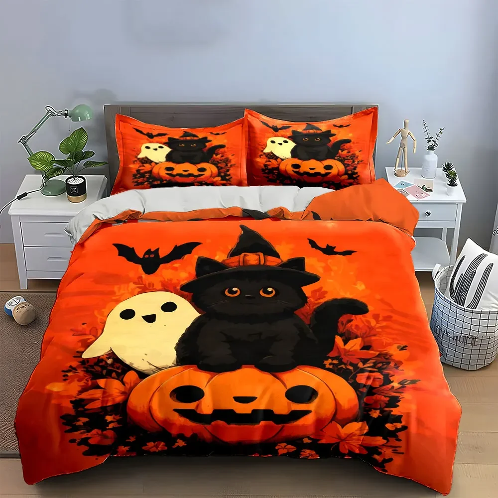 Halloween Decor Pumpkin Ghost Cat Soft Comfortable Duvet Cover Bedding Set Included 1*Duvet Cover & 2*Pillowcases, gift