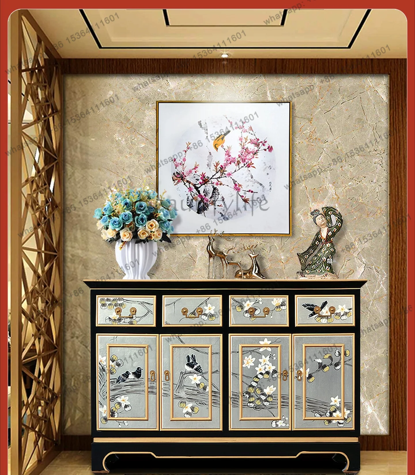 New Chinese-style entrance partition solid wood painted decorative cabinet Chinese style door shoe cabinet