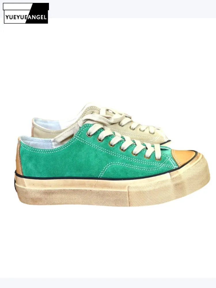 Women Classic Vintage Low Cut Canvas Shoes Lace-Up Cow Suede Pumps New Thick Soled Casual Shoes Hot Sale Round Toe Footwear