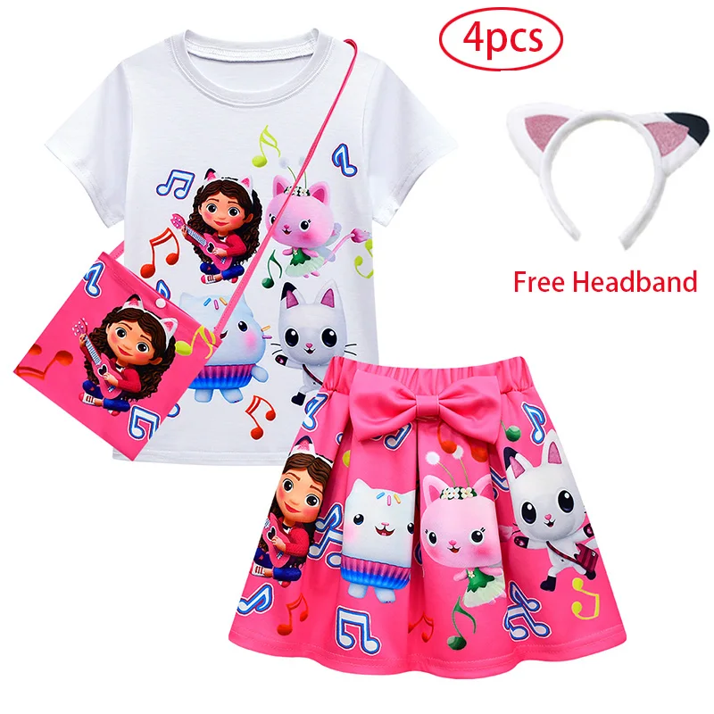 Gabby's Dollhouse Girls Clothes Sets Summer Cats-tastic Tops+Bow Cartoon Print Skirt+Bag+Headband 4pcs Children's Clothing Suit