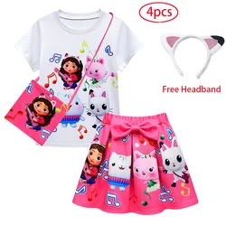 Gabby's Dollhouse Girls Clothes Sets Summer Cats-tastic Tops+Bow Cartoon Print Skirt+Bag+Headband 4pcs Children's Clothing Suit