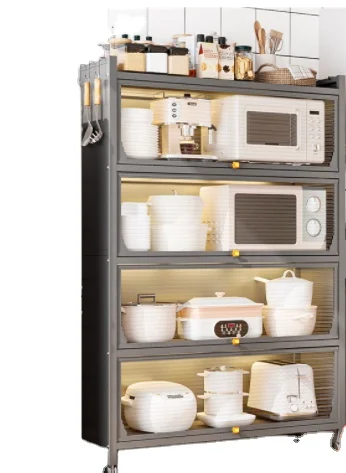 Modern Kitchen Cabinets Multi-layer Shelf With Flip Door for Simple Kitchen Furniture Household Bamboo Tableware Storage Cabinet