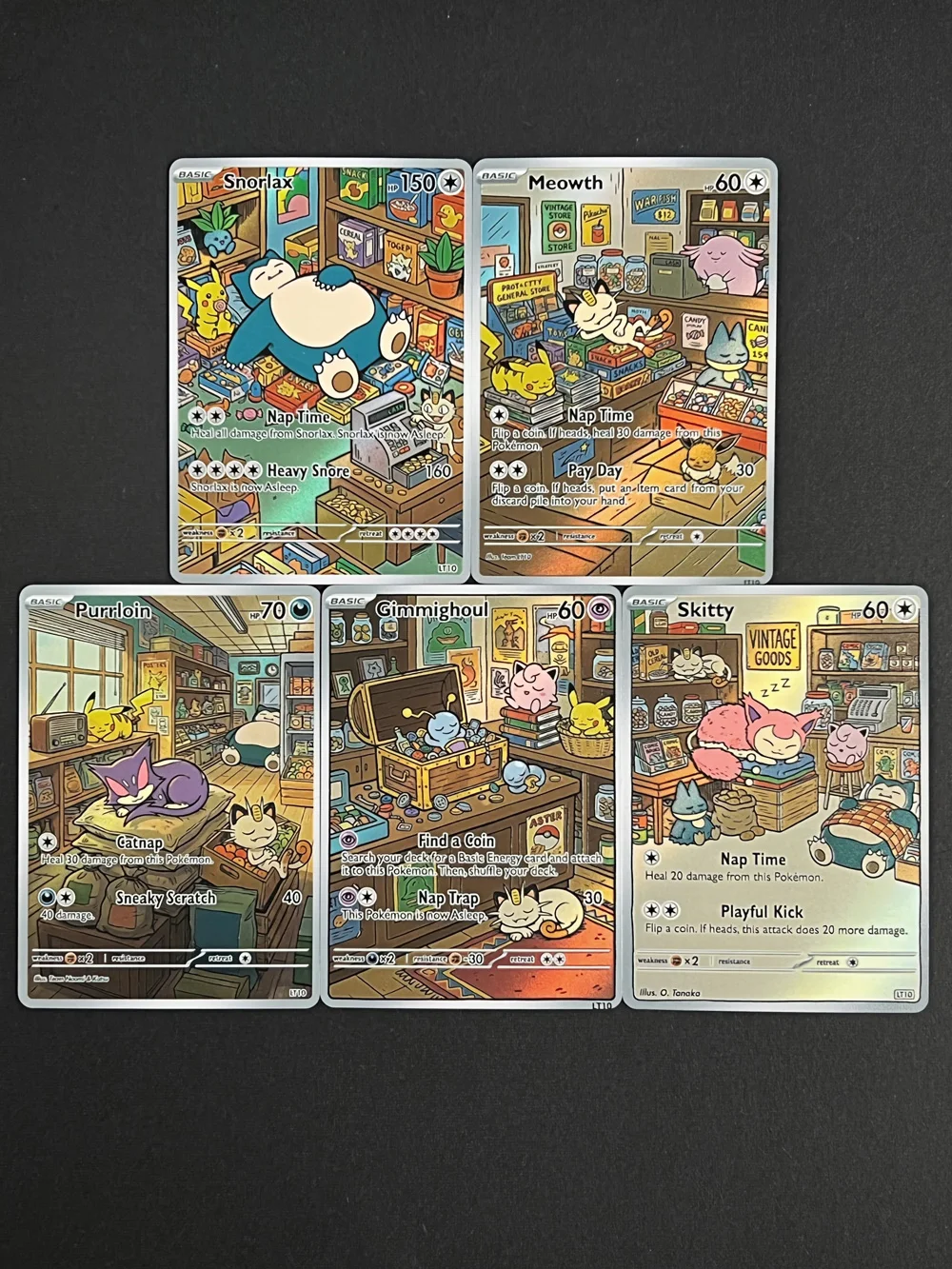 5 Stück Pokemon PTCG Style Snorlax Meowth Purriloin Gimmighoul Skitty Holo-Karten Pokemon Geschenk Kunst Pokemon Flash-Karten Geschenk