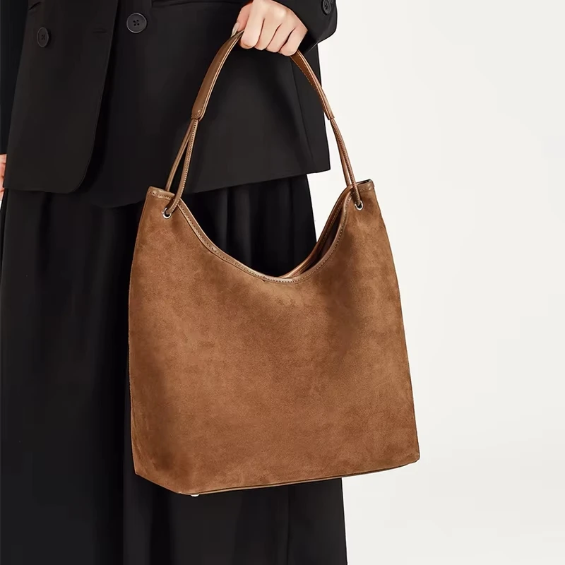 

Autumn And Winter Women's Top-grain Suede Leather Handbag, Large Capactiy Commuting Shoulder Bag, Designer Luxury Brand Bag