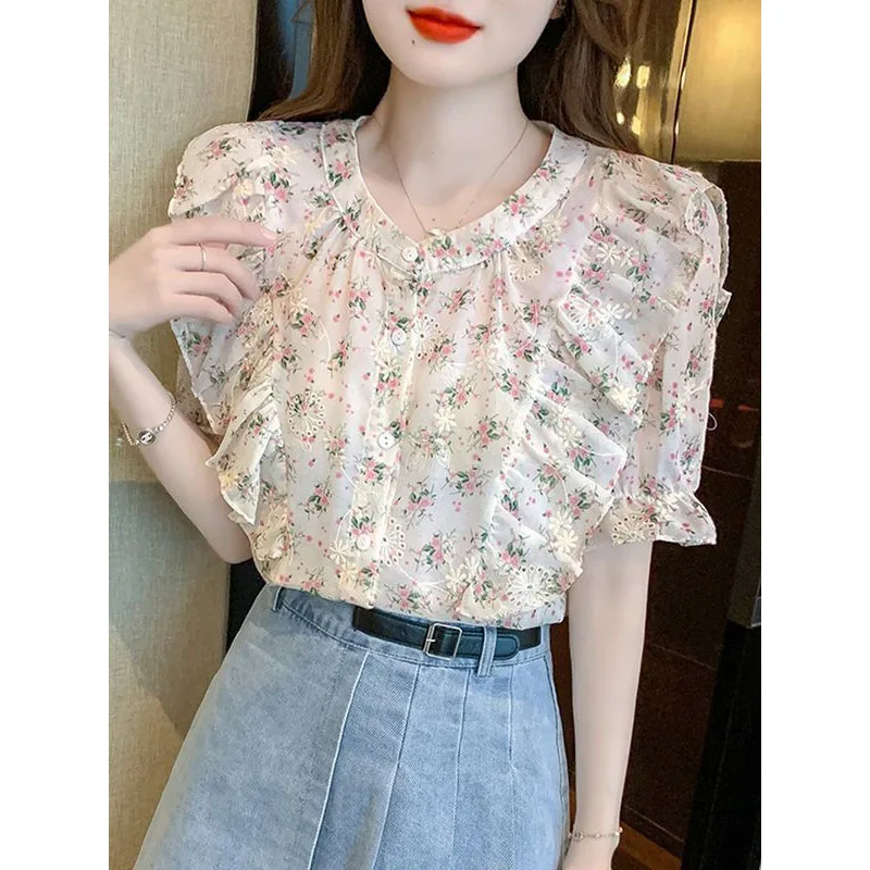 2024 Summer Casual Women Round Neck Floral Chiffon Shirt Ruffles Niche Short Sleeved Shirt Elegance Comfortable Crochet Tops