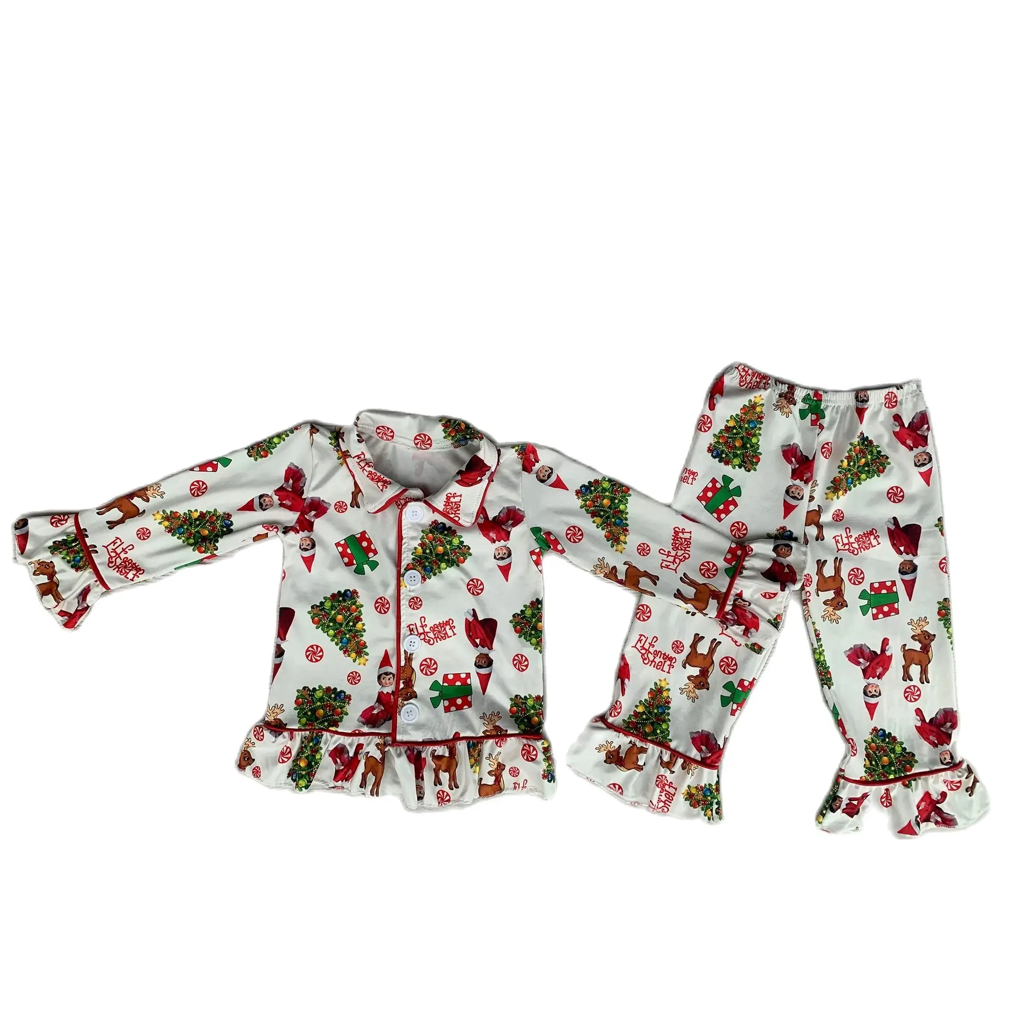 New Girls Christmas Tree Pajamas Set Milk Silk Lapel Pajamas Long Sleeve Pants Set Festive Style image 2