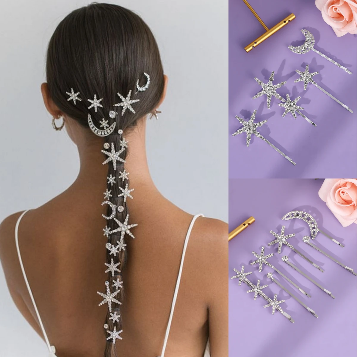 

Sliver Star and Moon Hair Clip Exquisite Rhinestone Barrette For Women and Girls Holiday Party Hairpins Headpieces As Gifts