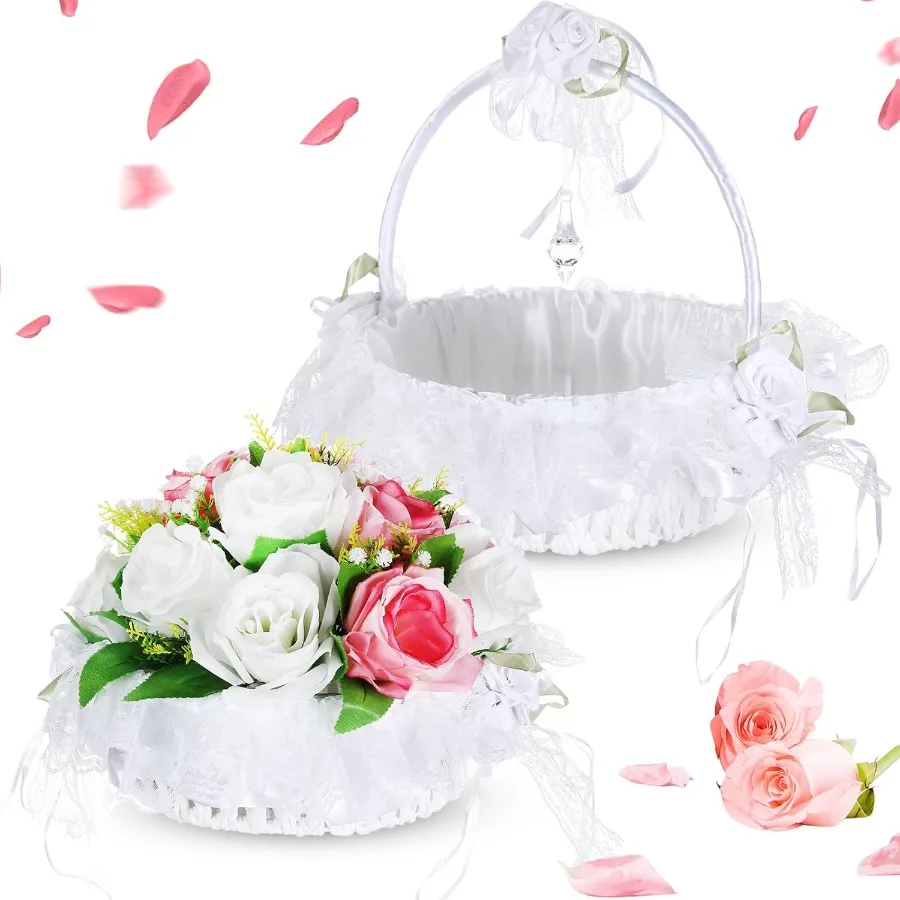 2 قطعة 9 بوصة الزفاف زهرة فتاة سلال مع مقبض قابل للطي الساتان الدانتيل Bowknot سلال ل فتاة الزهور الزفاف أنيقة و Pr #1