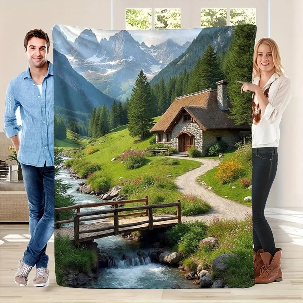 Tranquil Mountain Cottage Throw Blanket: Alpine Landscape Pattern Cottagecore Cozy Home Decor