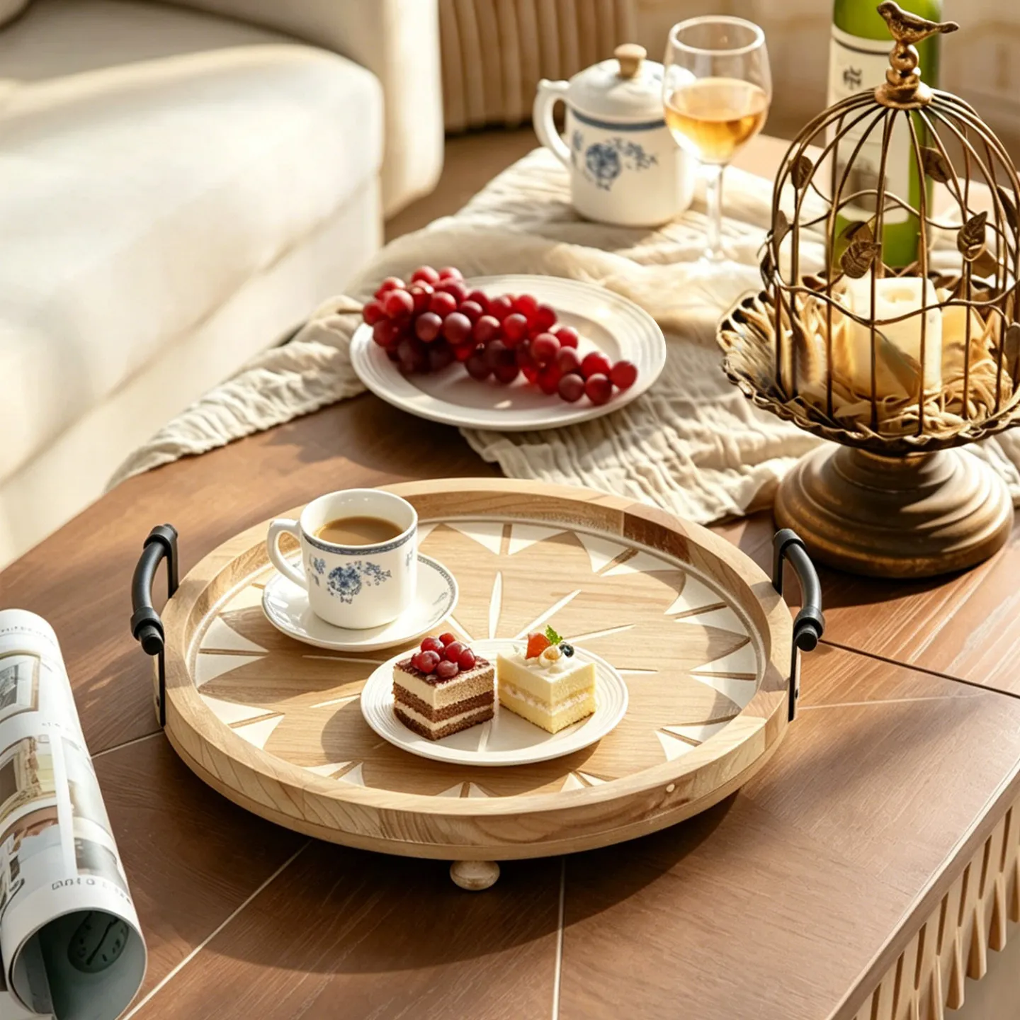 Round wooden tray decorative ornament coffee bed and breakfast afternoon tea plate food photography photo props