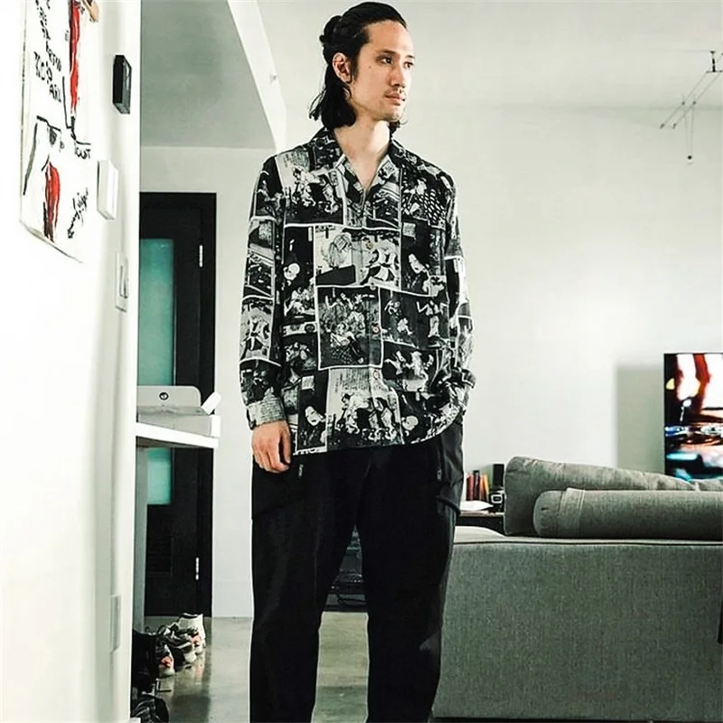 pdmcms 18aw اليابانية مائة أشباح ليلة المشي Ukiyo-i الكوبية طوق رايون هاواي قميص طويل الأكمام الرجال