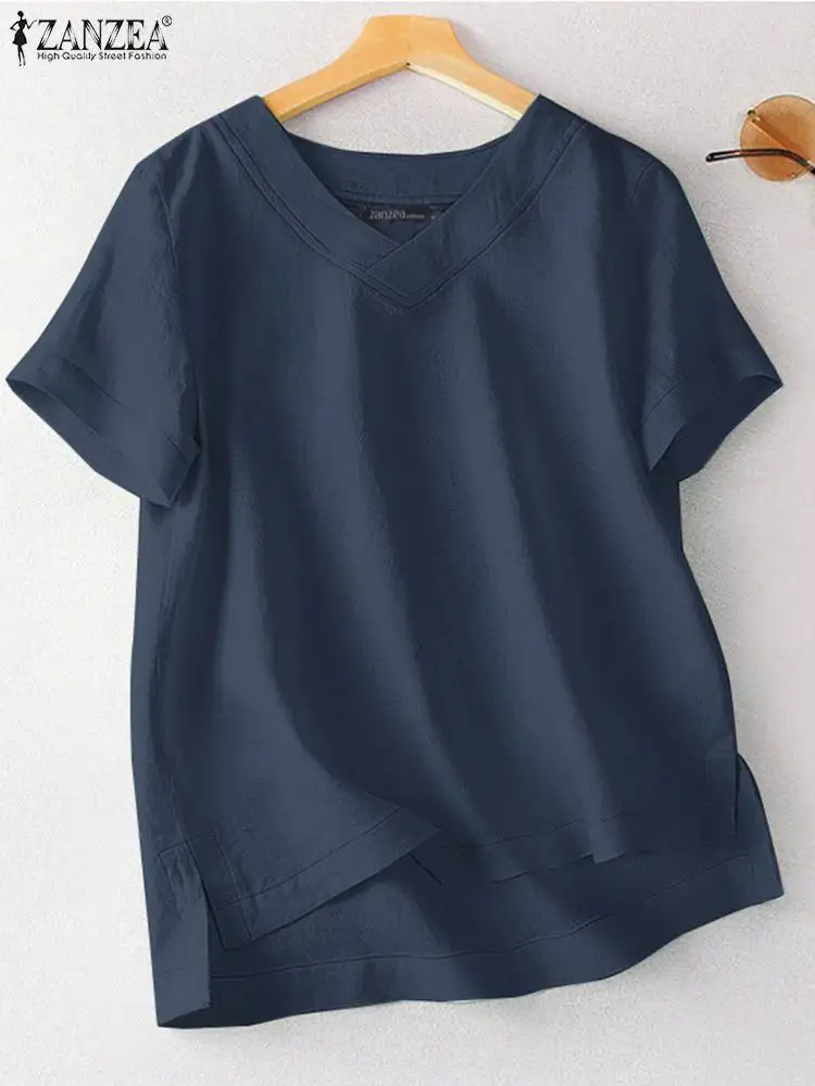 ZANZEA Fashion Summer V Neck Short Sleeve Blouse Female Casual Loose Shirt Work Blusas Chemise Women Solid Cotton Tops Tunic