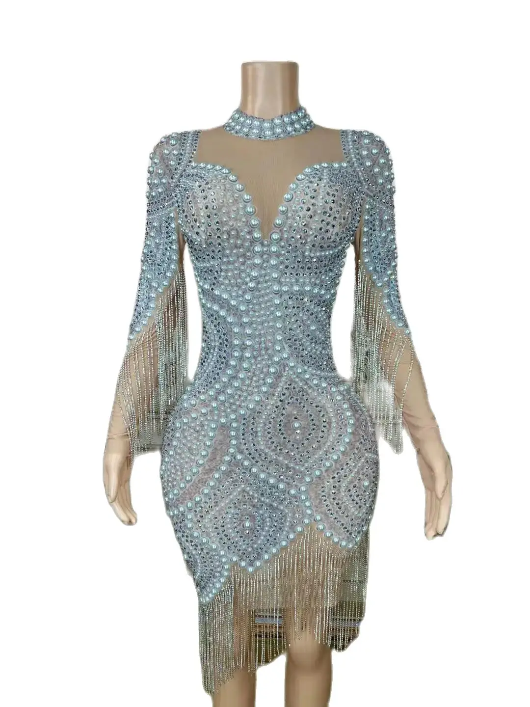 Birthday Beaded Mini Dress Women Party Evening Prom Drag Queen Outfits Dancer See Through Sheer Halter Neck Stunning Gogo Show