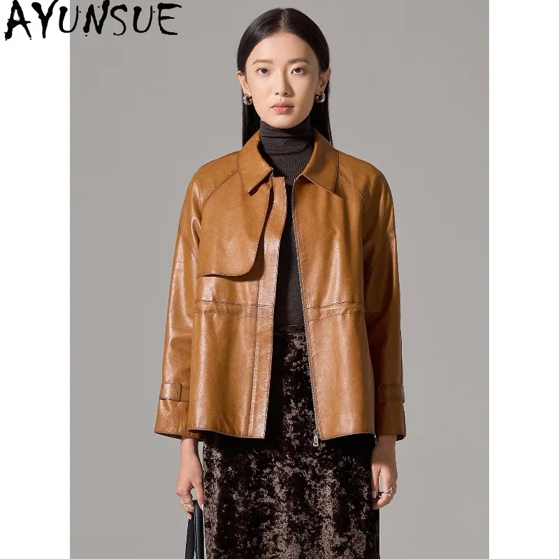 AYUNSUE Real Leather Jacket Woman Cinched Waist Sheepskin Jackets for Woman 2026 Luxury Brown Commute Outerwear Woman Clothes 코트