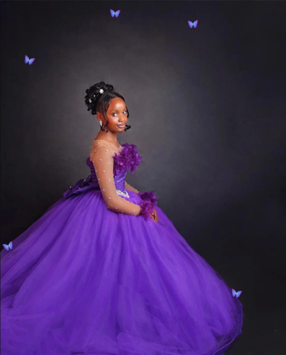 

Customized Purple Flower Girl Dresses For Wedding Tulle Crystal Full Sleeves Child Quinceanera Evening Party Formal Events Gown