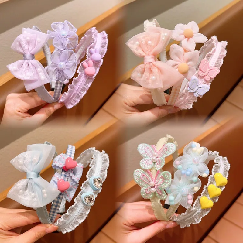 

3Pcs Kids Headband Set Korean Sweet Lace Mesh Flower Bow Heart Rhinestone Non Slip with Teeth Toddler Girls Hair Accessories