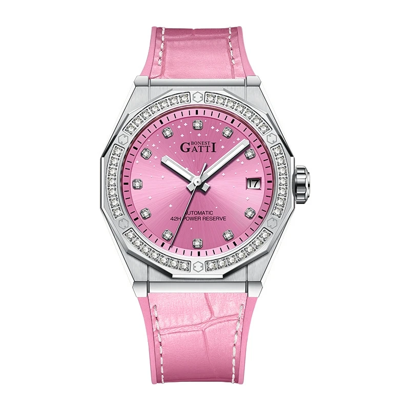 BONEST GATTI BG8902 Women's Automatic Watch Diamond Bezel Waterproof Genuine Leather Strap Mechanical Movement Wristwatch