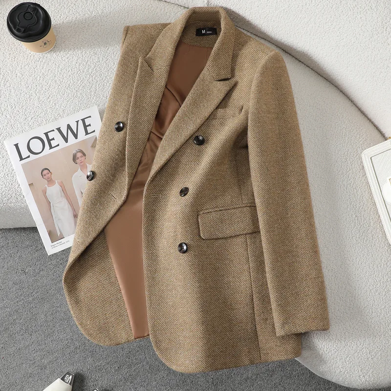 High-Quality Wool Blazer Women New Autumn Winter Double-Breasted Long Sleeve Blazer Coat Female Tops Ladies Formal Suit Jacket