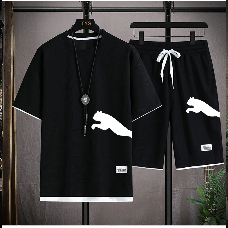 남성용 와플 반팔 티셔츠, 캐주얼 스포츠 세트, 루즈한 반팔 티셔츠, 투피스 세트, 2024 여름 신상