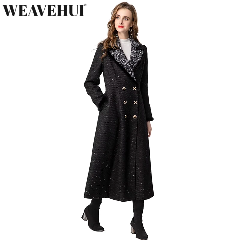 

WEAVEHUI женская двубортная твидовая верхняя одежда с отложным воротником и длинными рукавами в стиле пэчворк с блестками и длинными рукавами в уличном стиле