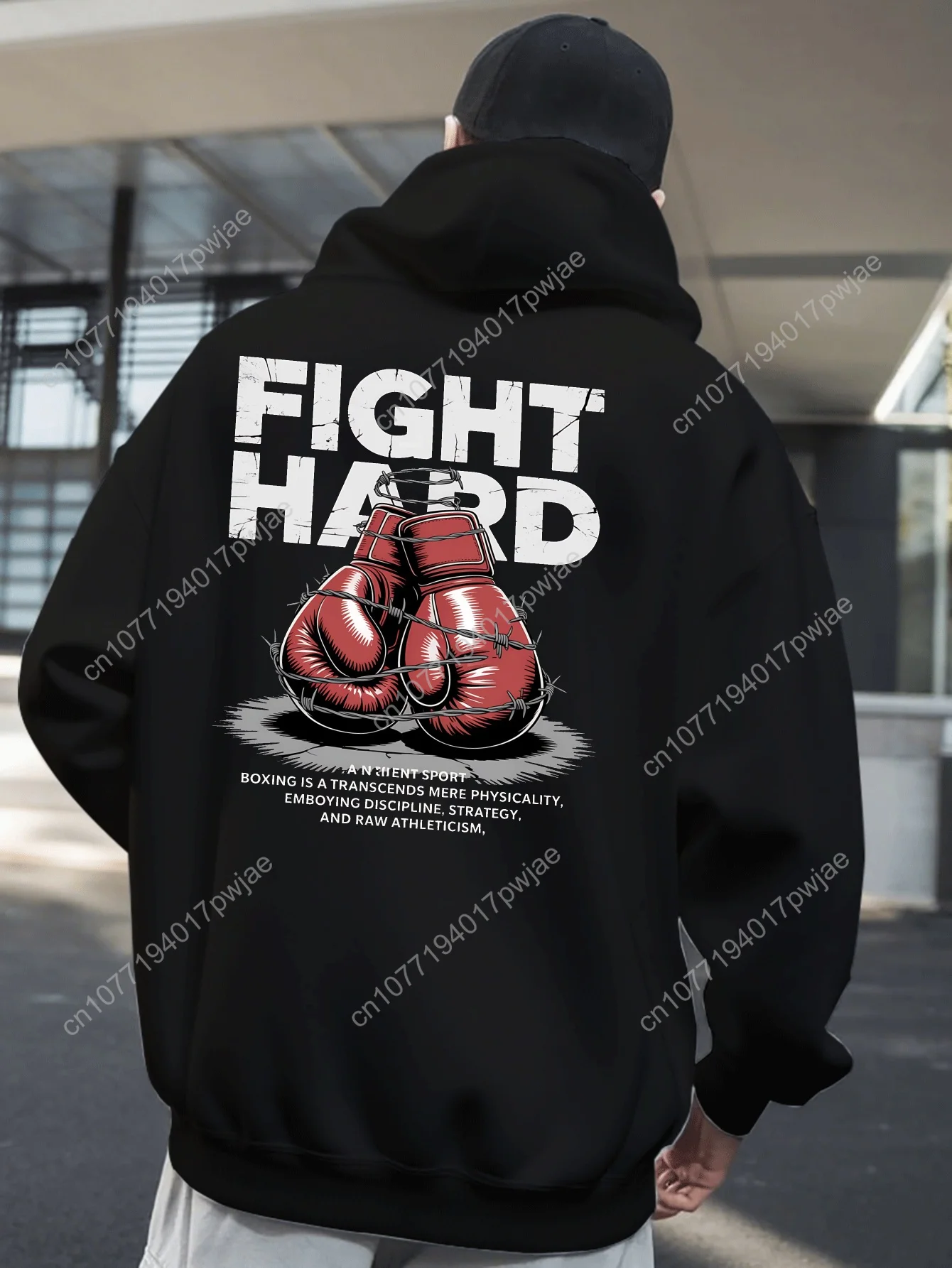 Moletom com capuz de boxe vermelho masculino – gráfico "FIGHT HARD" com design de luvas, macio e confortável, perfeito para esportes ao ar livre de inverno e casua
