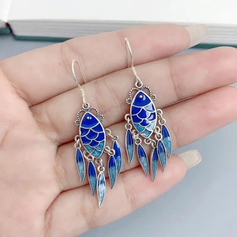 

National Style 925 Silver Tassel Fish Blue-green Earrings for Women Long Style Vintage Exaggerated Enamel Koi Earings Jewelry