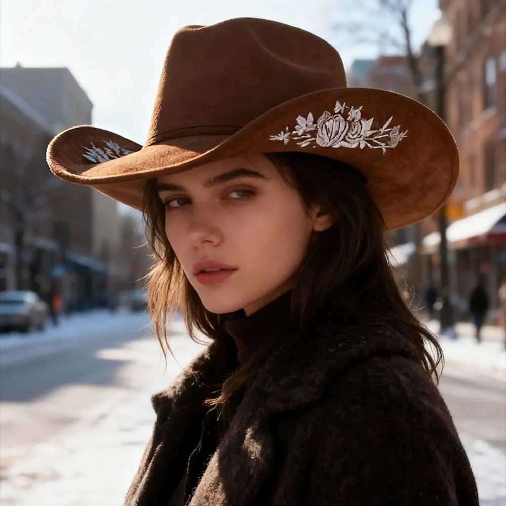 Sombrero de copa de fieltro bordado de ala grande, gorra de rendimiento para ocasiones formales, sombreros de lana, sombreros de Jazz, decoración de flores bordadas