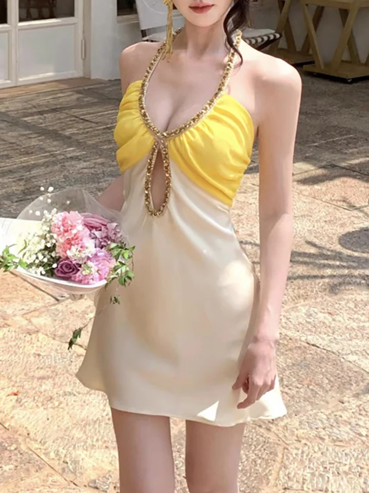 RORORIRI Abito sexy con scollo all'americana con diamanti ritagliati Fasciatura da donna con spalle scoperte Desiderio Mini abito a contrasto senza schienale Abiti da festa di compleanno