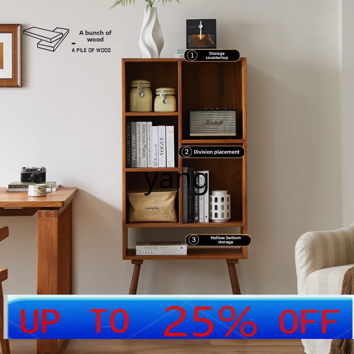 LH  All Solid Wood Home Doorless Storage Cabinet Retro Style Living Room Organizer