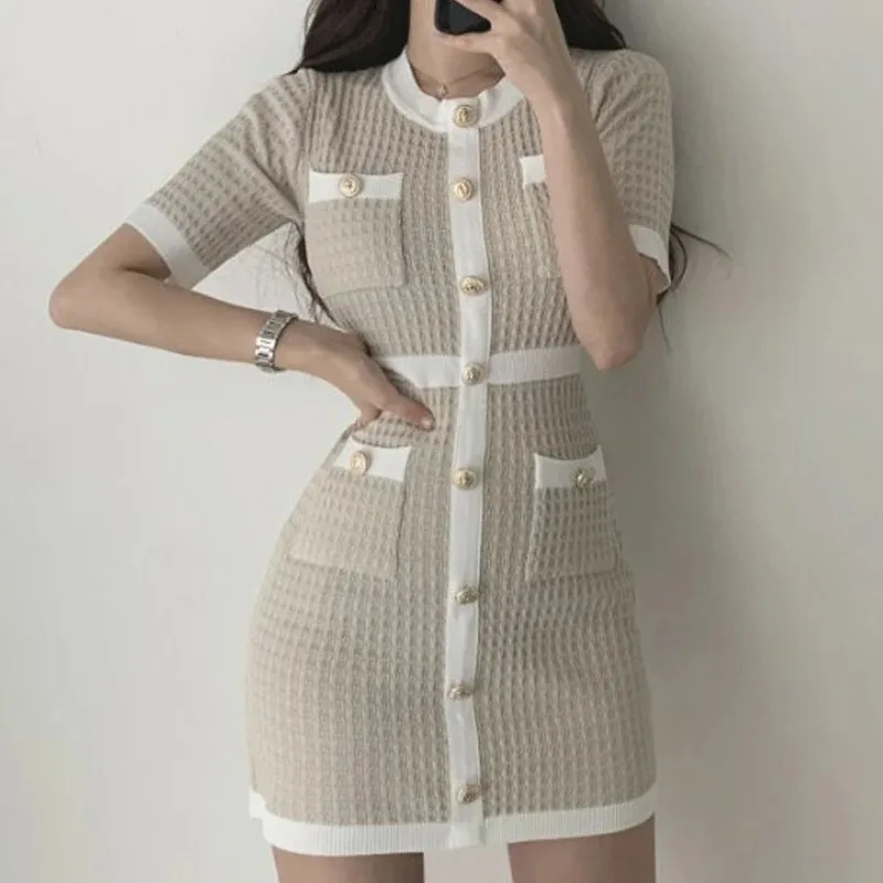 Korean Style Knitted Dress Elegant Slim Button Bodycon Mini Dress Casual New Short Sleeve Dress Feminina Clothing Vestidos 12105